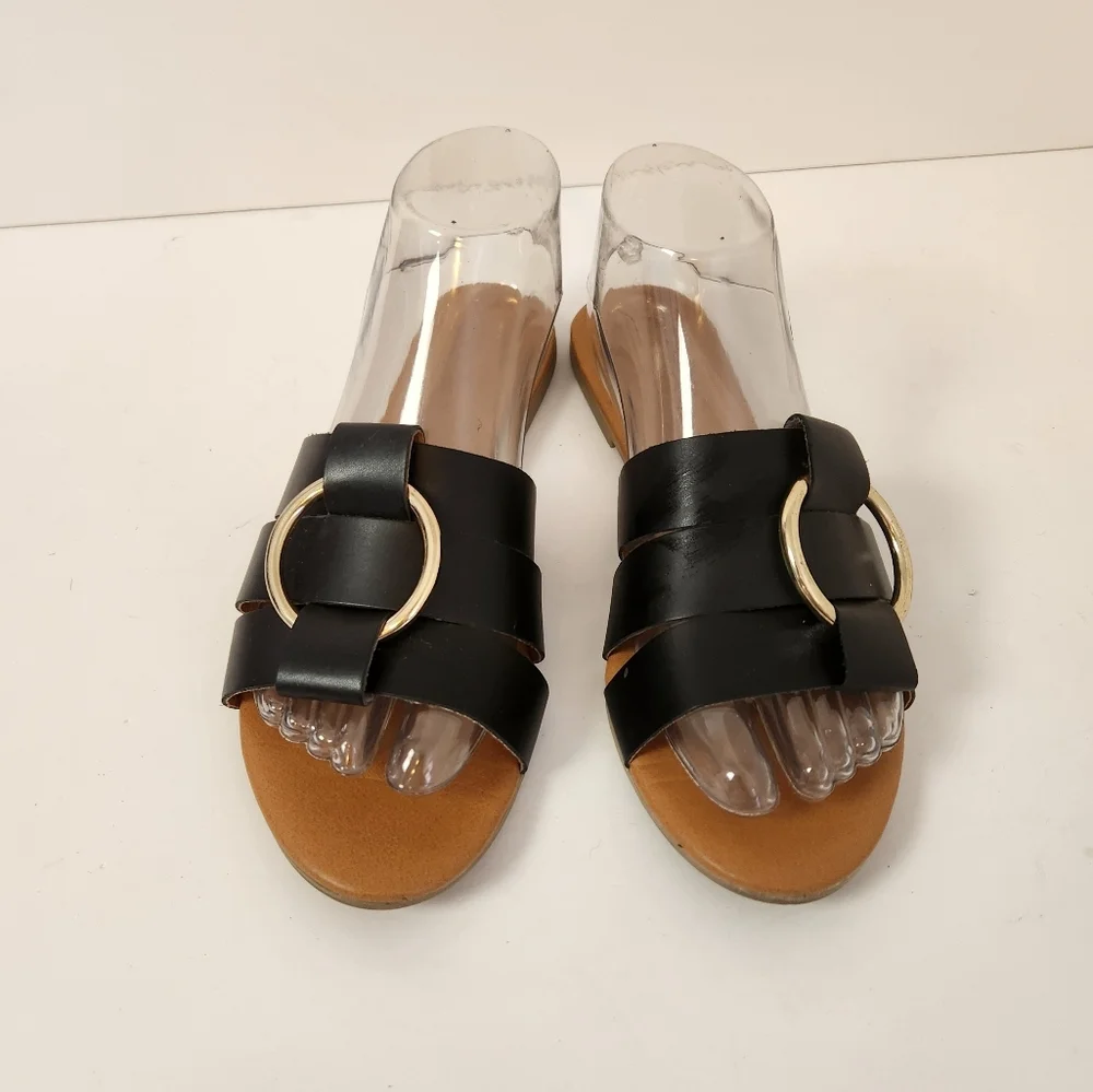Pieces Vivi Black Leather Sandals Open Toe Slide On Shoes Size 38 7.5 8 Summer - Picture 5 of 13